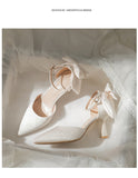 Xajzpa - Women Wedding Shoes White Back Bow Ankle Strap Pumps High Heels Sandals Women Bridal Shoes Thin Heels Pointed Toe Designer