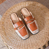 Xajzpa - Luxury Woman Mules Summer Close Toe Women Pearl Metal Chain Lazy Slides Flat Heel Girl Slippers Embroidery Outdoor Flip Flops