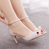 Xajzpa White Pearl Sandals Women Open Toe High Heels Lady Luxury Wedding Shoes Banquet Dress Stiletto