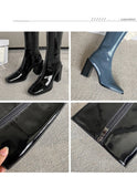 Xajzpa - Luxury Fashion Ladies White Blue Black Patent Leather In Square Toe Knee High Boots Woman Chunky Heels Slim Long Boots Shoes