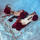 Xajzpa - Retro Elegant Cosplay Flower Wedding Loli Girl Gorgeous Red  Black Satin Rose Metal Fine Chain Pointed 8cm High Heeled Shoes