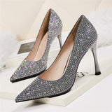 Xajzpa - 2023 Women 6.5cm 9.5cm High Heels Glitter Low Heels Evening Rhinestone Pumps Lady Wedding Bridal Bling Crystal Scarpins Shoes