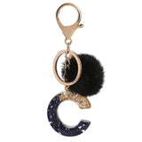 Xajzpa - Black Pompom Letter Keychain Glitter Gradient Resin A-Z Initials Alphabet Keyring Pendant Women Handbag Phone Decorative Gift