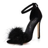 Xajzpa - Women Summer Sandals Fluffy Peep Toe Stilettos High Heels  Fur Feather Lady Wedding Shoes  Large Size 42