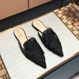 Xajzpa - Fashion 3d Embroidery Mules Women Fur Slippers Velvet Shoes Ladies Low Heel Flower Decoration Sandals Women's Flip Flops 41 Size