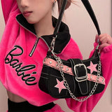 Xajzpa - Japanese Fashion Cool Dark Harajuku Style Denim Bag Pink Star Metal Chain Women's Bag Underarm Bag Tote Bag Purses Handbags