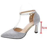 Xajzpa - Bling Gold Silver Women&#39;s Pumps Sexy Point Toe Thin Heel Party Wedding Shoes Woman Summer Ankle Strap High Heels Shoes