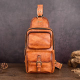 Xajzpa - 100% Genuine Leather Men's Chest Bag Vintage Cow Leather Crossbody Bag Travel Sling Shoulder Bags Cross Body Messenger Bags
