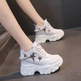 Xajzpa - Shiny Sequins Chunky Platform Sneakers Women Breathable Lace Up Height Increase Shoes Woman Fashion Pearl White Sneakers