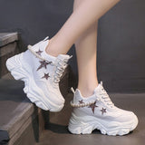 Xajzpa - Shiny Sequins Chunky Platform Sneakers Women Breathable Lace Up Height Increase Shoes Woman Fashion Pearl White Sneakers