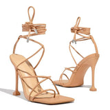 Xajzpa - Around-The-Ankle Lace-Up Closure Open Squared Toe Heels