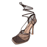 Xajzpa - Women's Fishnet Squared Toe Lace Up Heels