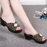 Xajzpa - Rhinestone Genuine Leather Summer Shoes Mother&#39;s Fashion Outdoor Sandals Women&#39;s Large Size 40-42 Cool Slippers