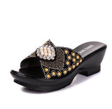 Xajzpa - Rhinestone Genuine Leather Summer Shoes Mother&#39;s Fashion Outdoor Sandals Women&#39;s Large Size 40-42 Cool Slippers